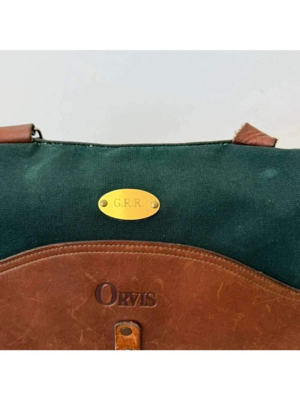Orvis Vintage Leather Canvas Messenger Bag Green Brown Crossbody Satchel